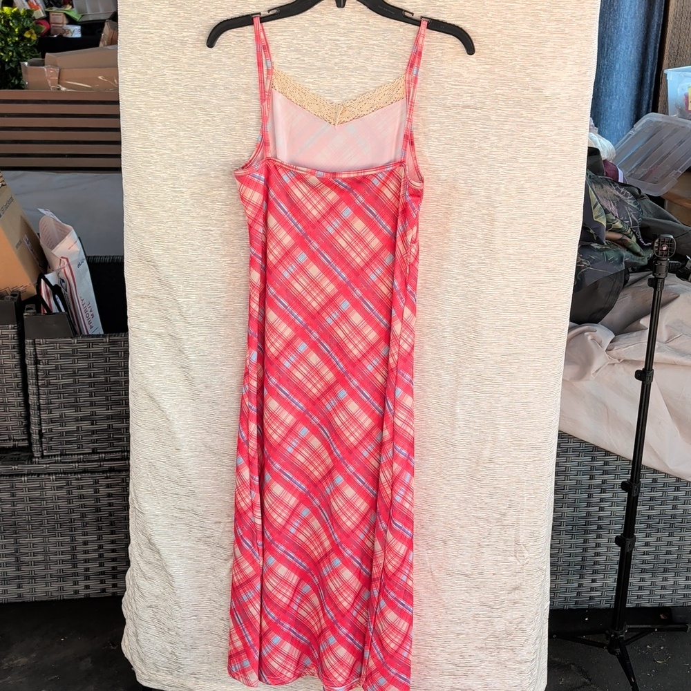 Plaid Slip Dress Red and Blue Lace Spaghetti Strap - Picture 7 of 8